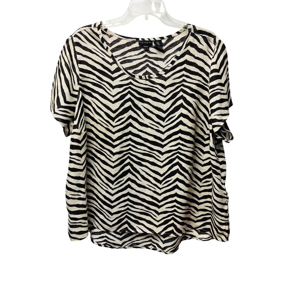 Tahari Linen 1X Black‎ Cream Zebra Print Top High Low Blouse Minimalist Natural